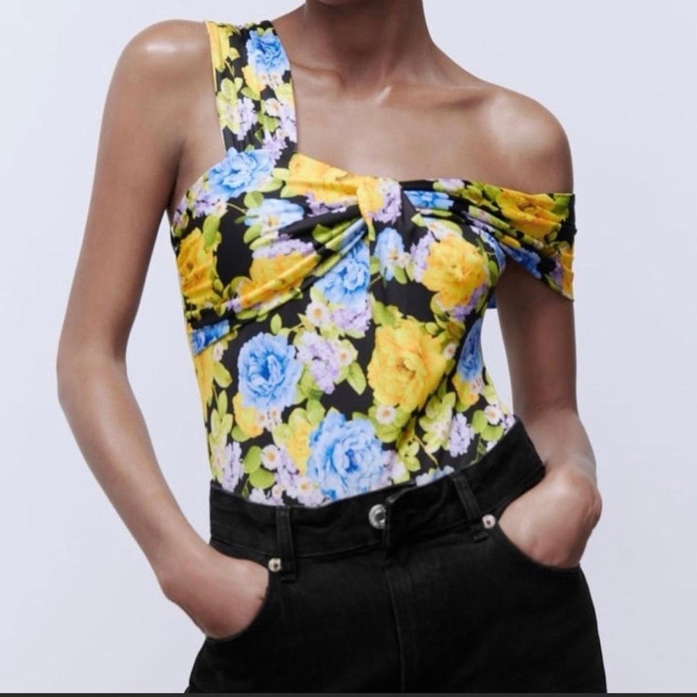 Zara Printed Bodysuit with Bow Size: small floral bright body suit - Picture 5 of 12